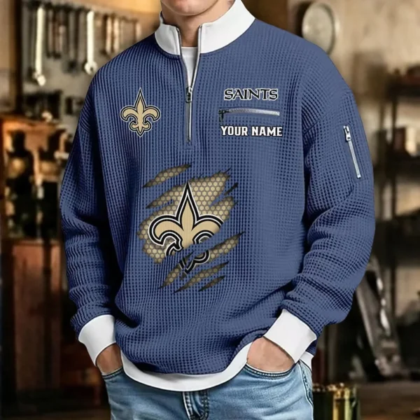New Orleans Saints Sweatshirt Quarter-Zip Waffle Knit Stand Collar Personalize Name