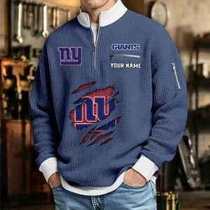 New York Giants Sweatshirt Quarter-Zip Waffle Knit Stand Collar Personalize Name