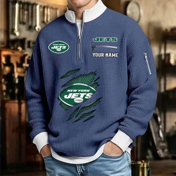 New York Jets Sweatshirt Quarter-Zip Waffle Knit Stand Collar Personalize Name