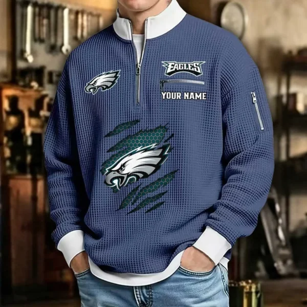 Philadelphia Eagles Sweatshirt Quarter-Zip Waffle Knit Stand Collar Personalize Name