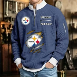 Pittsburgh Steelers Sweatshirt Quarter-Zip Waffle Knit Stand Collar Personalize Name