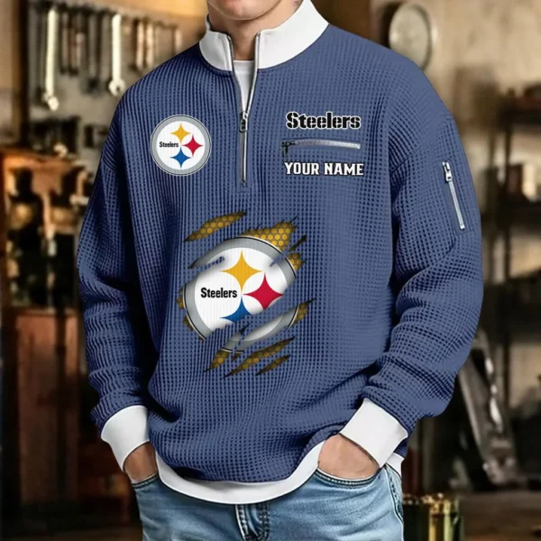 Pittsburgh Steelers Sweatshirt Quarter-Zip Waffle Knit Stand Collar Personalize Name