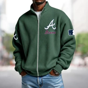 Atlanta Braves Sweatshirt Waffle Knit Men’s Full Zip Long Sleeve
