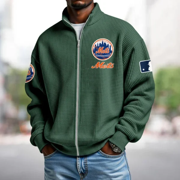 New York Mets Sweatshirt Waffle Knit Men’s Full Zip Long Sleeve