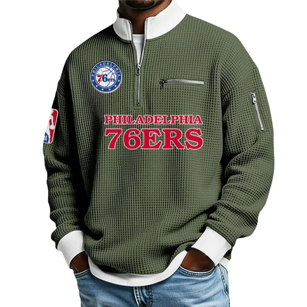 Philadelphia 76ers Quarter Zip Sweatshirt Men Waffle Knit Stand Collar Pullover Personalize Name