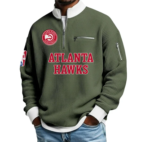 Atlanta Hawks Quarter Zip Sweatshirt Men Waffle Knit Stand Collar Pullover Personalize Name