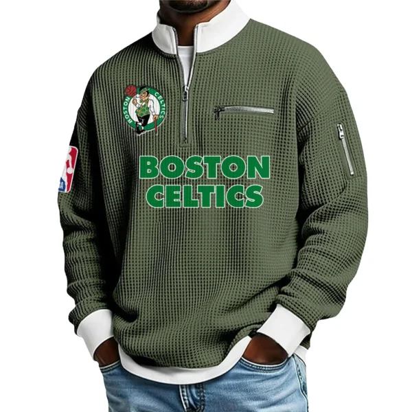 Boston Celtics Quarter Zip Sweatshirt Men Waffle Knit Stand Collar Pullover Personalize Name