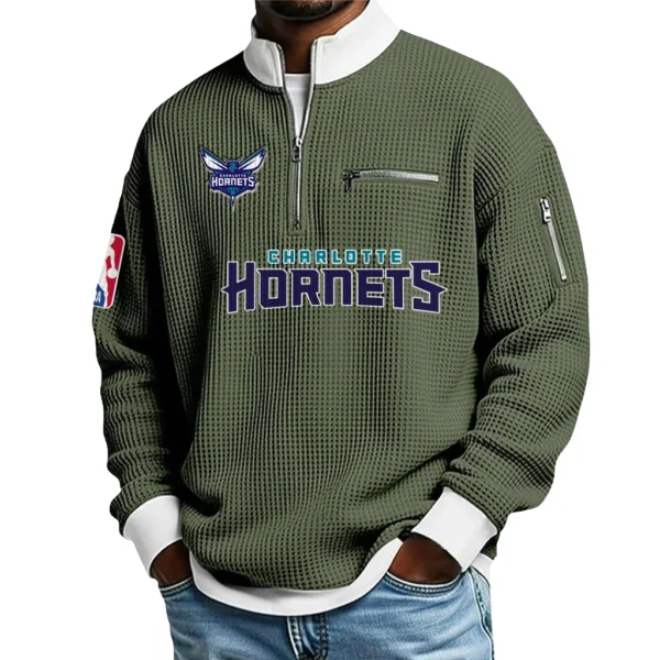 Charlotte Hornets Quarter Zip Sweatshirt Men Waffle Knit Stand Collar Pullover Personalize Name