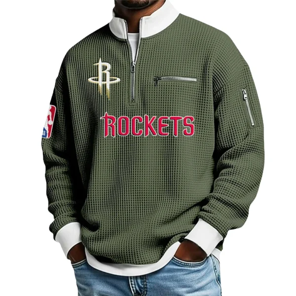 Houston Rockets Quarter Zip Sweatshirt Men Waffle Knit Stand Collar Pullover Personalize Name