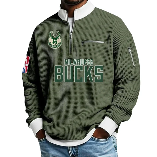 Milwaukee Bucks Quarter Zip Sweatshirt Men Waffle Knit Stand Collar Pullover Personalize Name