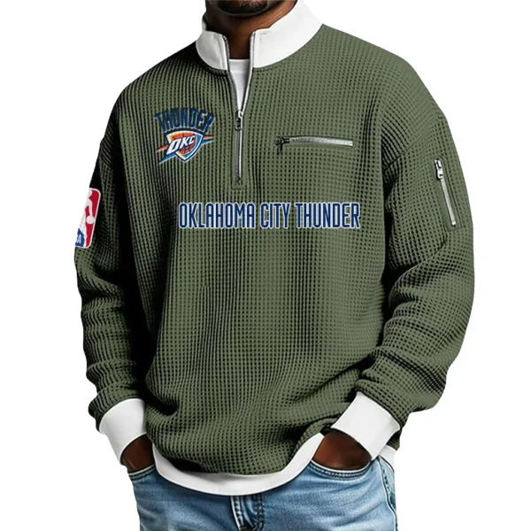 Oklahoma City Thunder Quarter Zip Sweatshirt Men Waffle Knit Stand Collar Pullover Personalize Name