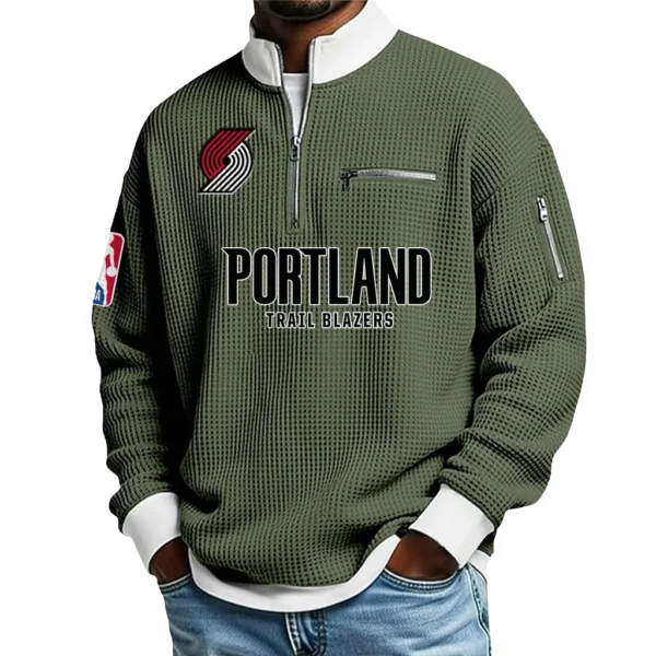 Portland Trail Blazers Quarter Zip Sweatshirt Men Waffle Knit Stand Collar Pullover Personalize Name
