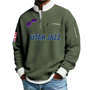 Utah Jazz Quarter Zip Sweatshirt Men Waffle Knit Stand Collar Pullover Personalize Name