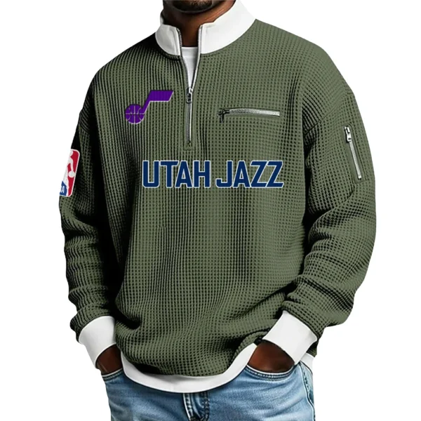 Utah Jazz Quarter Zip Sweatshirt Men Waffle Knit Stand Collar Pullover Personalize Name