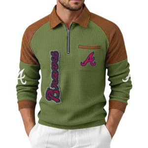 Atlanta Braves Men Waffle Knit Contrast Color Quarter-Zip Pullover