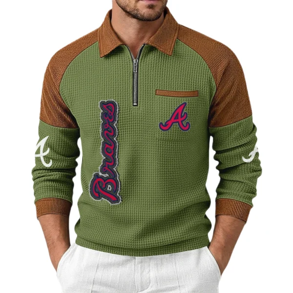 Atlanta Braves Men Waffle Knit Contrast Color Quarter-Zip Pullover
