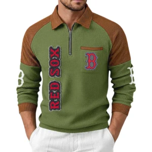 Boston Red Sox Men Waffle Knit Contrast Color Quarter-Zip Pullover