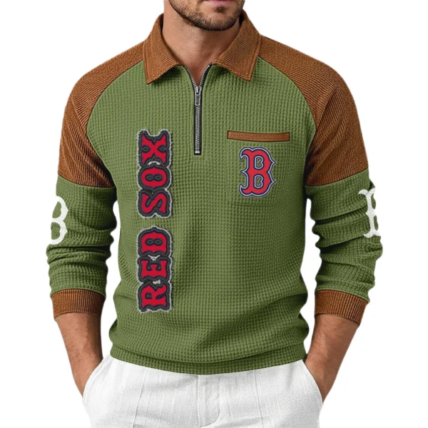 Boston Red Sox Men Waffle Knit Contrast Color Quarter-Zip Pullover