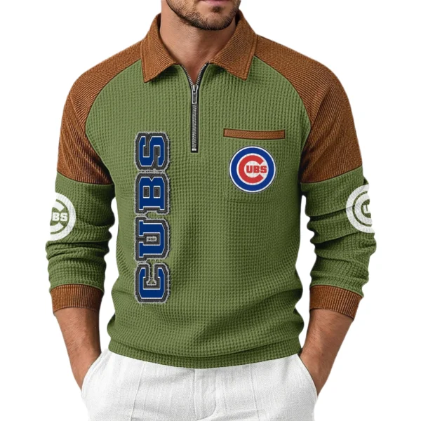 Chicago Cubs Men Waffle Knit Contrast Color Quarter-Zip Pullover