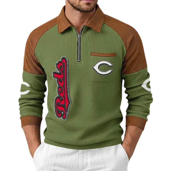 Cincinnati Reds Men Waffle Knit Contrast Color Quarter-Zip Pullover