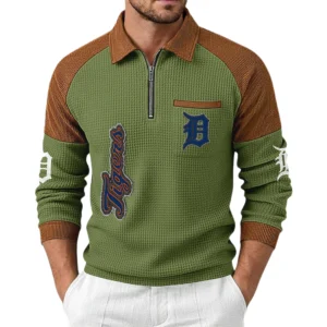 Detroit Tigers Men Waffle Knit Contrast Color Quarter-Zip Pullover