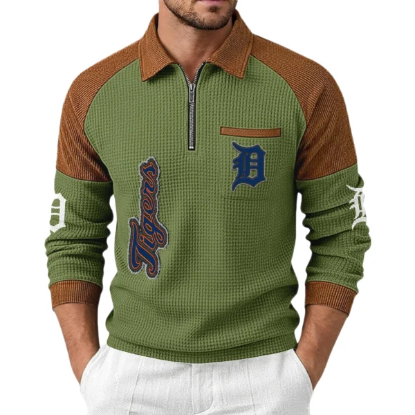 Detroit Tigers Men Waffle Knit Contrast Color Quarter-Zip Pullover
