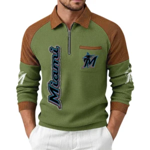 Miami Marlins Men Waffle Knit Contrast Color Quarter-Zip Pullover