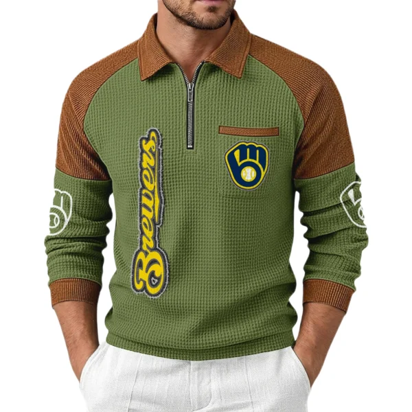 Milwaukee Brewers Men Waffle Knit Contrast Color Quarter-Zip Pullover