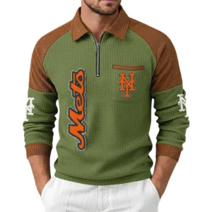 New York Mets Men Waffle Knit Contrast Color Quarter-Zip Pullover