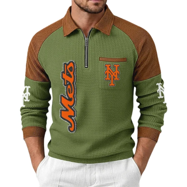 New York Mets Men Waffle Knit Contrast Color Quarter-Zip Pullover