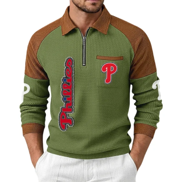 Philadelphia Phillies Men Waffle Knit Contrast Color Quarter-Zip Pullover