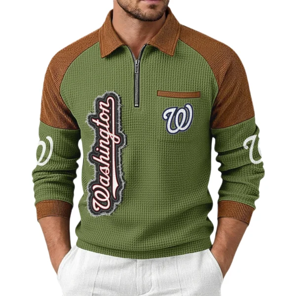 Washington Nationals Men Waffle Knit Contrast Color Quarter-Zip Pullover