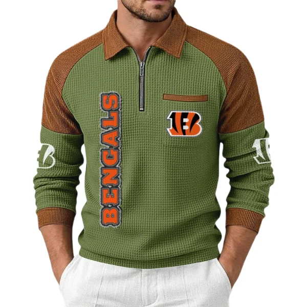 Cincinnati Bengals Men's Waffle Knit Contrast Color Half Zip Pullover