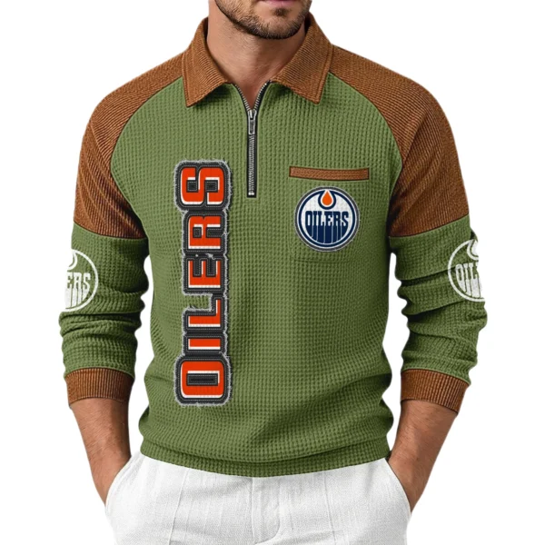 Edmonton Oilers Men's Waffle Knit Contrast Color Half Zip Pullover
