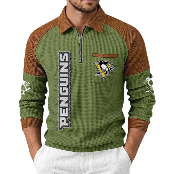 Pittsburgh Penguins Men's Waffle Knit Contrast Color Half Zip Pullover