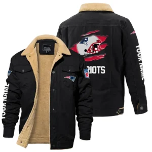 New England Patriots Fleece Lined Thick Jacket With Fur Lapel Collar Custom Name