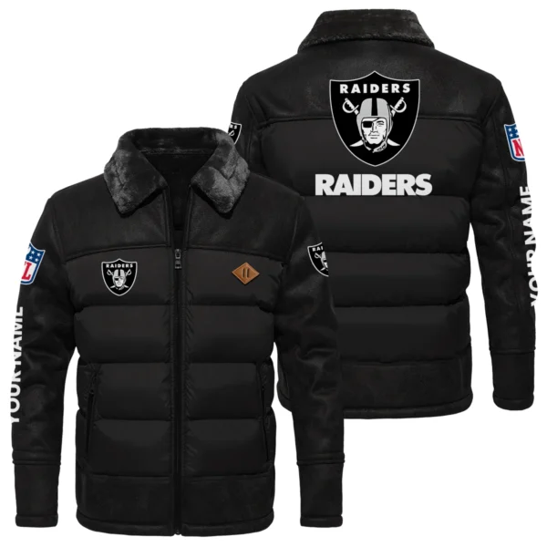 Las Vegas Raiders Puffer Jacket Fur Collar Leather Patchwork Custom Name