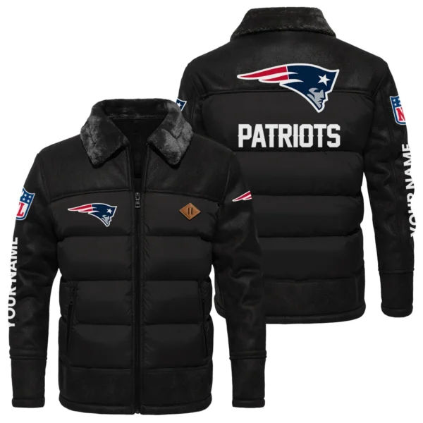 New England Patriots Puffer Jacket Fur Collar Leather Patchwork Custom Name