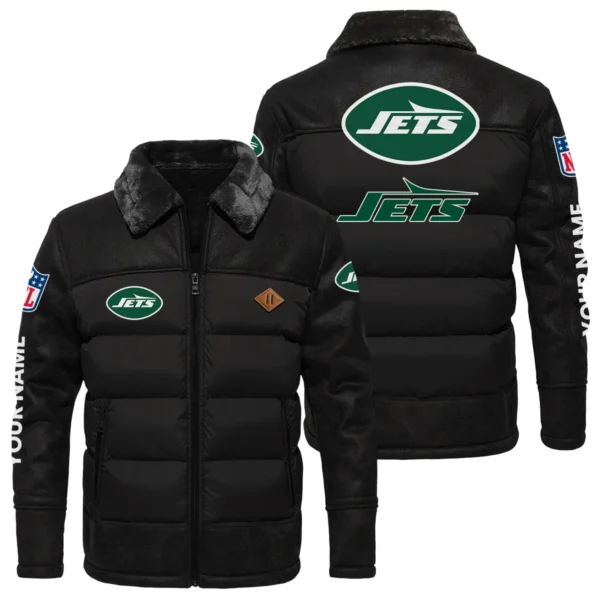 New York Jets Puffer Jacket Fur Collar Leather Patchwork Custom Name