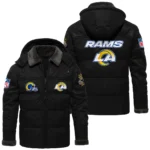 Los Angeles Rams Puffer Jacket Hooded Detachable x PU Leather Custom Name