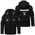 Las Vegas Raiders Puffer Jacket Hooded Detachable x PU Leather Custom Name