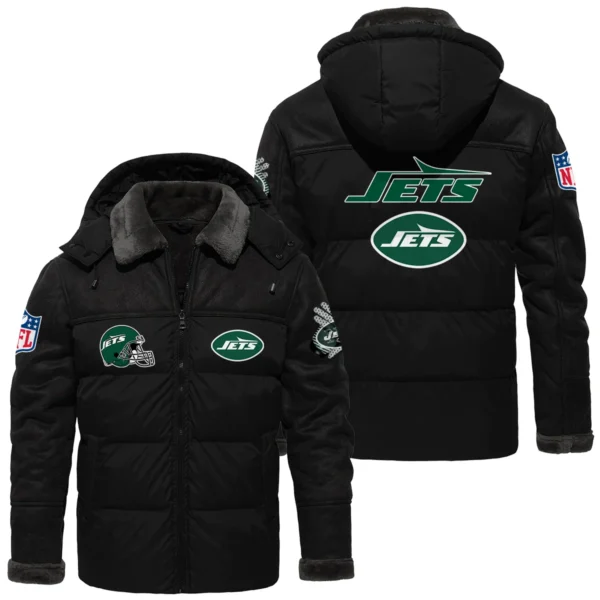 New York Jets Puffer Jacket Hooded Detachable x PU Leather Custom Name