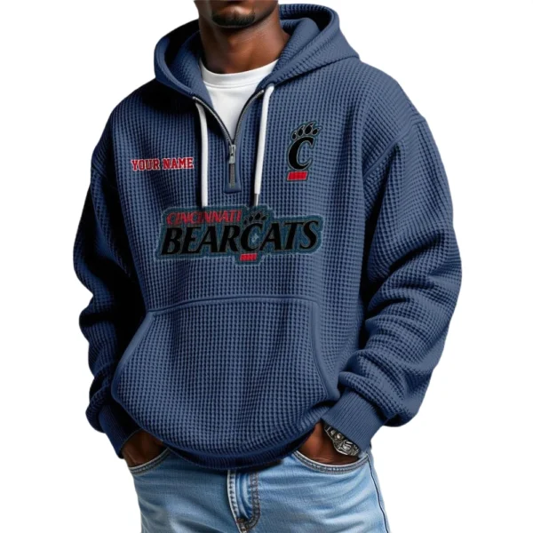 Cincinnati Bearcats Men's Quarter Zip Hoodie Waffle Knit Hooded Sweatshirt Personalize Name