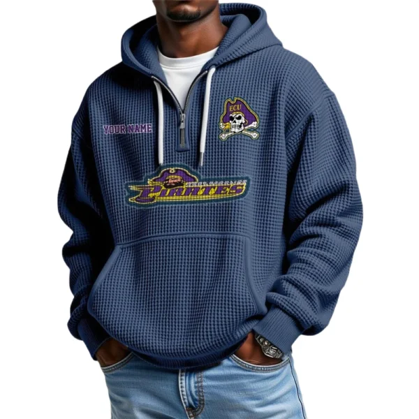 East Carolina Pirates Men's Quarter Zip Hoodie Waffle Knit Hooded Sweatshirt Personalize Name