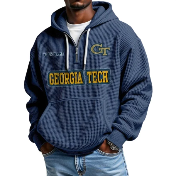Georgia Tech Yellow Jackets Men's Quarter Zip Hoodie Waffle Knit Hooded Sweatshirt Personalize Name