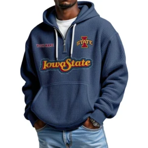 Iowa State Cyclones Men's Quarter Zip Hoodie Waffle Knit Hooded Sweatshirt Personalize Name
