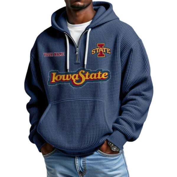 Iowa State Cyclones Men's Quarter Zip Hoodie Waffle Knit Hooded Sweatshirt Personalize Name