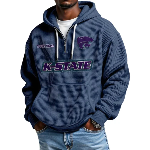 Kansas State Wildcats Men's Quarter Zip Hoodie Waffle Knit Hooded Sweatshirt Personalize Name