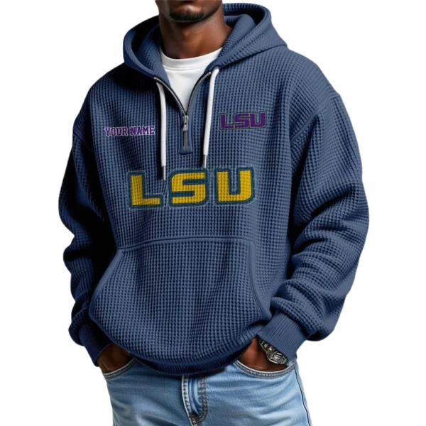 LSU Tigers Men's Quarter Zip Hoodie Waffle Knit Hooded Sweatshirt Personalize Name