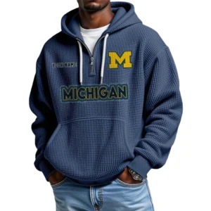 Michigan Wolverines Men's Quarter Zip Hoodie Waffle Knit Hooded Sweatshirt Personalize Name